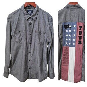Authentic Icon US Tour Flag Back Gray Long Sleeve Button Down Shirt Men’s Large